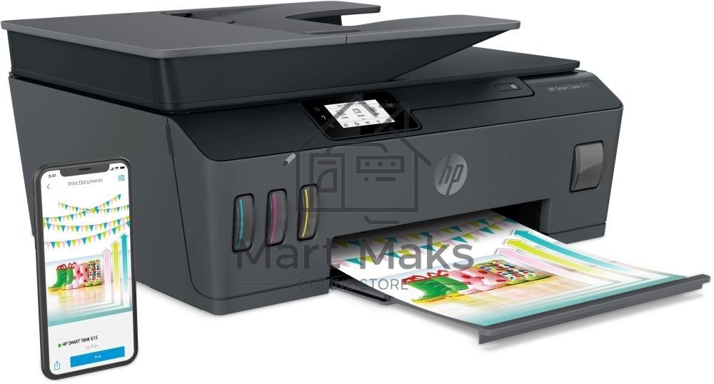 МФУ струйный HP Smart Tank 615 AiO (Y0F71A), A4, цветной, печ. до 22 стр/мин. (ч/б) до 16 стр/мин. (цвет), скан. до 5 стр/мин. (ч/б) 3 стр/мин. (цвет), 1200 x 1200 dpi (ч/б печать, скан.) 1200 x 4800 dpi (печать цвет), USB, Wi-Fi, BlueTooth, Air Print, Mo