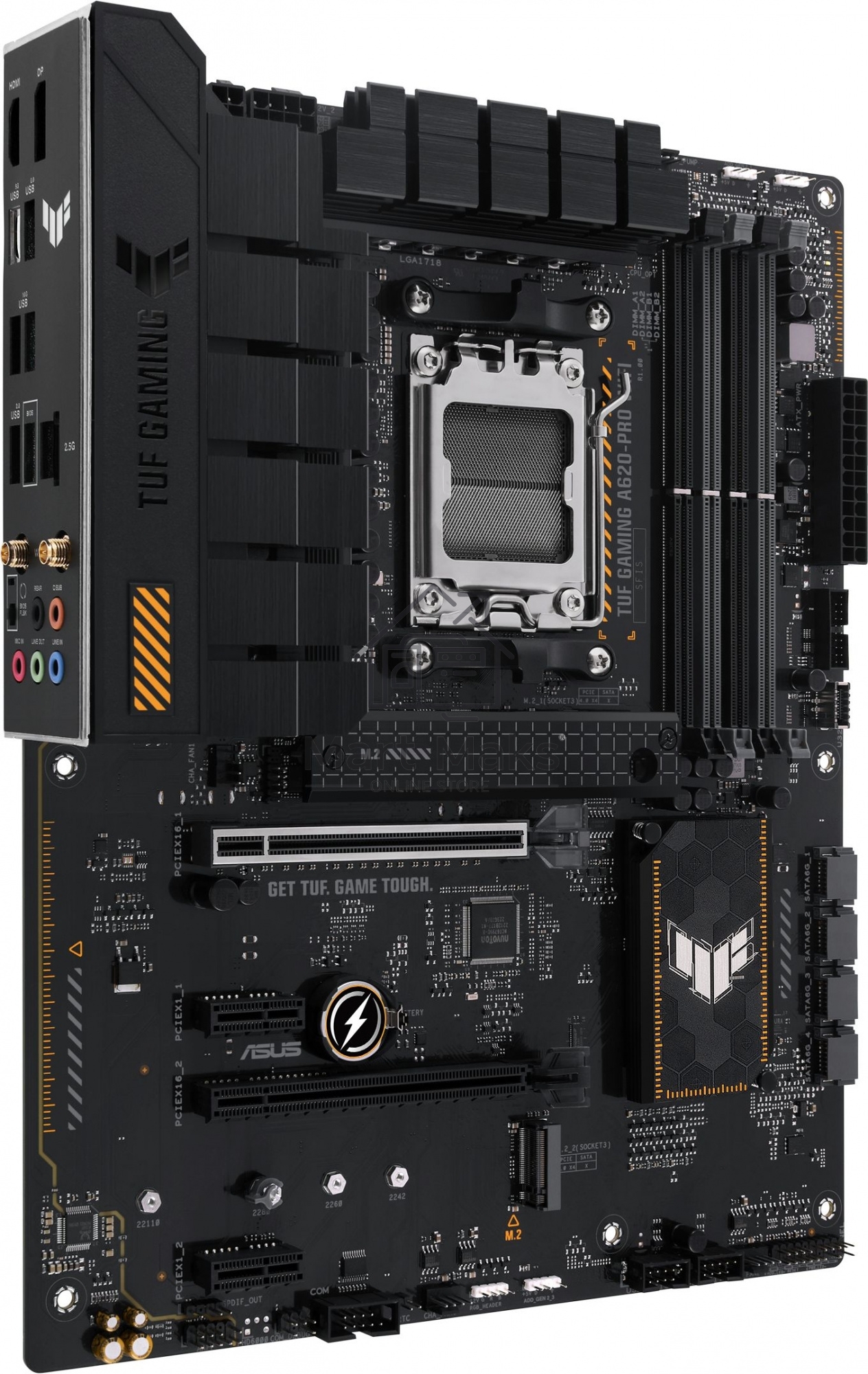 Материнская плата ASUS TUF GAMING A620-PRO WIFI, AM5, AMD A620, 4xDDR5, 4xSATA, 2xM.2, 1xPCI-E 4.0 x16, 1xPCI-E 3.0 x16, 2xPCI-E x1, 1xHDMI, 1xDP, 1x 2.5Gb LAN, 3xUSB-A 2.0, 2xUSB-A 3.2 Gen 2, 1xUSB-C 3.2 Gen 1, 5x3.5 мм, 7.1, ATX