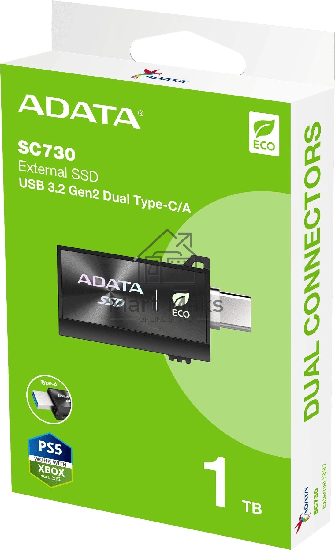 Внешний SSD ADATA External SSD SC730, 1000GB, Type-C, Type-A, USB 3.2 Gen2, R/W 600/600 MB/s, 36.8x23.8x9.7mm, черный (5 лет)