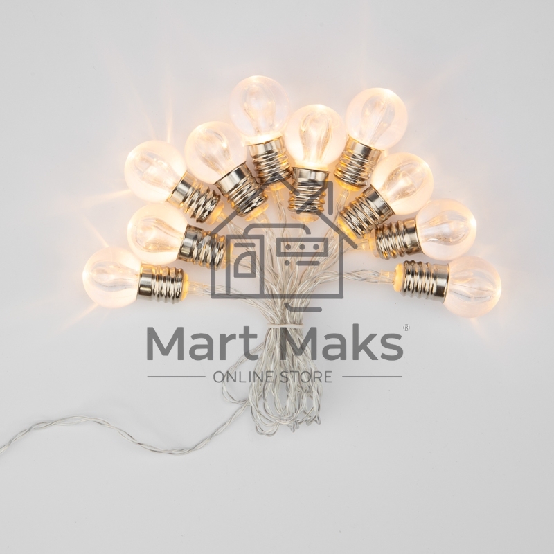 Гирлянда светодиодная «Лампочки» 10 LED, 1.5 м, прозрачный ПВХ, теплый белый цвет свечения, 2 х АА (батарейки не в комплекте) NEON-NIGHT