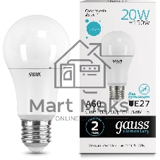Лампа светодиодная Gauss Elementary 20Вт цок.:E27 груша 220B 4100K св.свеч.бел.нейт. A60 (упак.:10шт) (23229)
