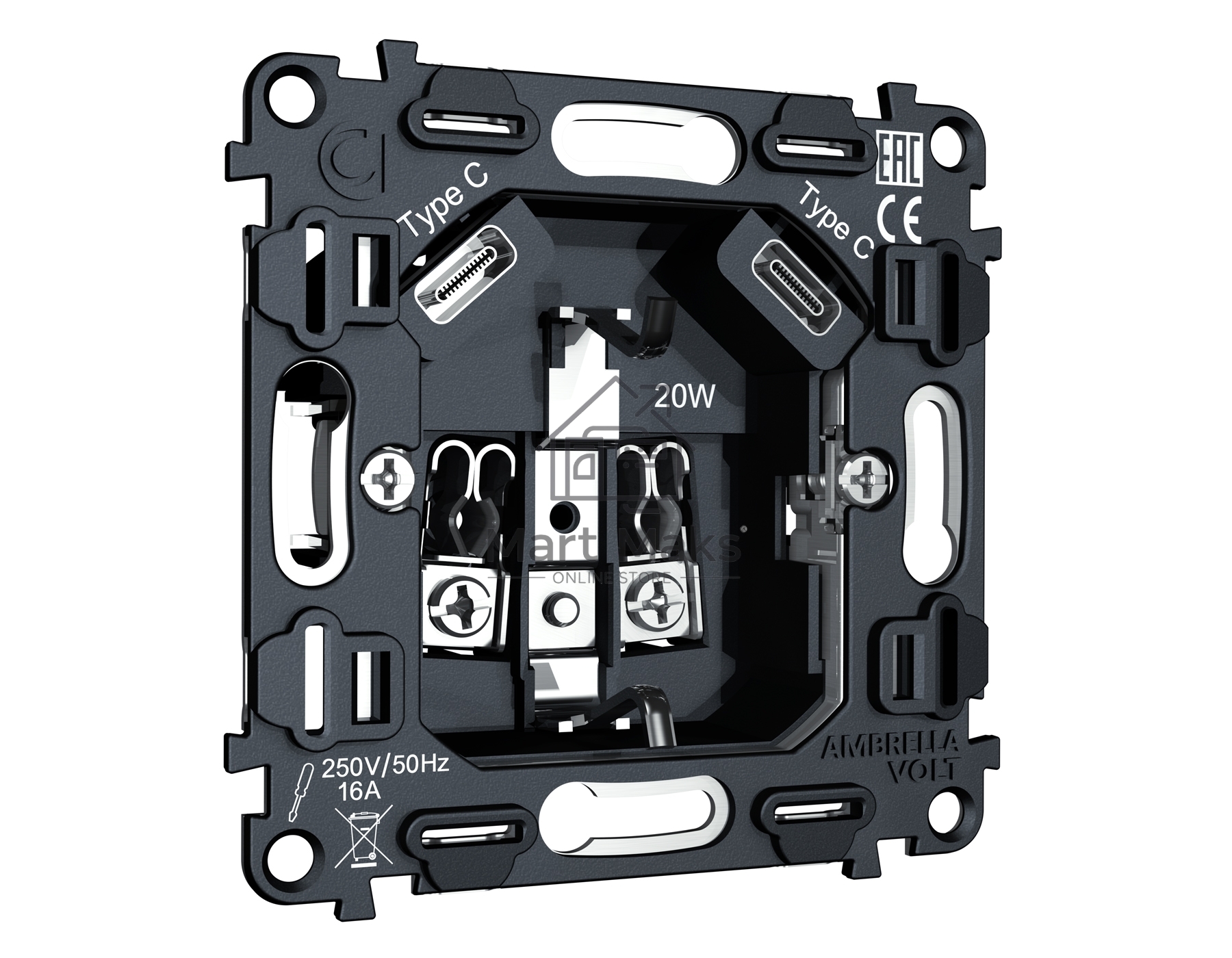 Механизм электрической розетки 2USB С+C 20W (быстрая зарядка) с/з на винтовых зажимах 16A-250V QUANT VM165