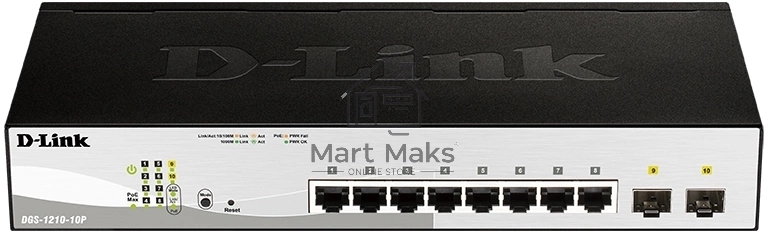 Коммутатор D-Link DGS-1210-10P/FL2A Управляемый L2 коммутатор с 8 портами 10/100/1000Base-T и 2 портами 1000Base-X SFP (8 портов PoE 802.3af/at, PoE бюджет 65 Вт)