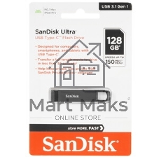 Флешка USB Sandisk CZ460 Ultra (SDCZ460-128G-G46), 128Gb, USB Type-C, R/W 150/30, черный