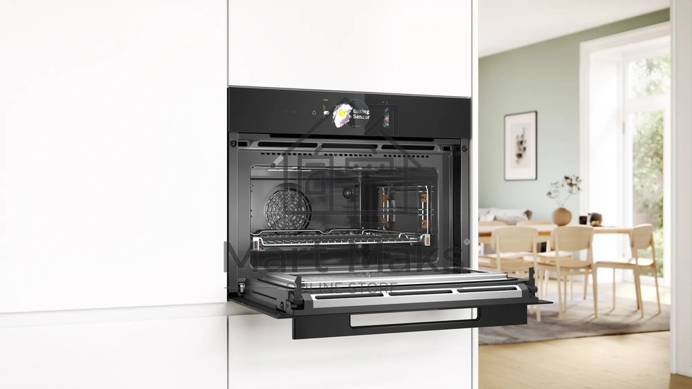Встраиваемый духовой шкаф Bosch CMG978NB1 Accent line с микроволновой печью и 22 типами нагрева, 45.5x59.5x54.8 см, 45л, дисплей,инвертор,SoftClose и SoftOpen, Bosch Assist, черный. Телескопические направляющие 1 уровень,пиролитическая очистка,многоточечн