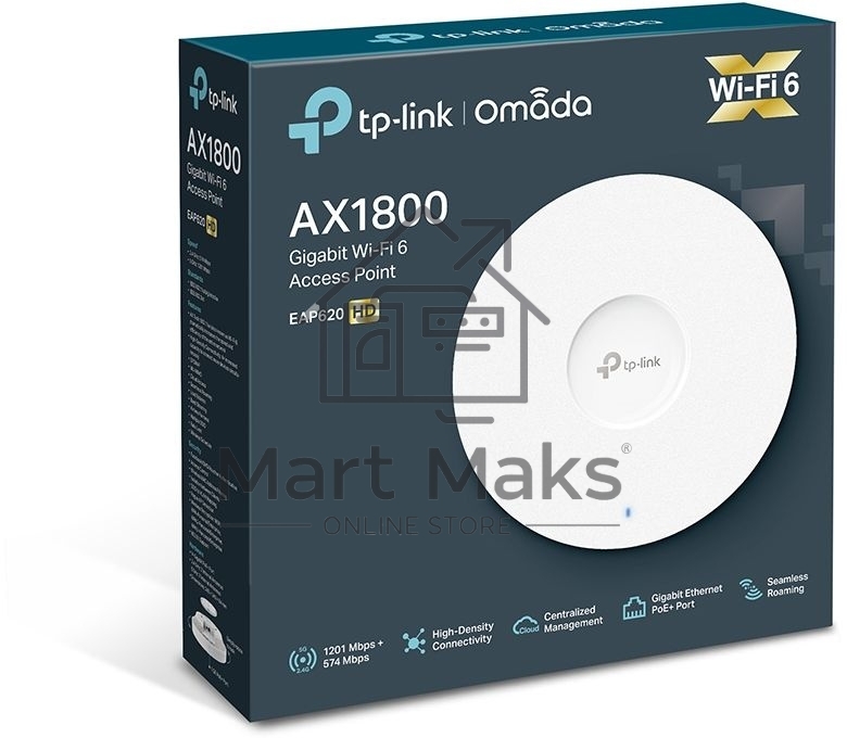 Точка доступа TP-Link 11AX dual-band ceiling access point, up to 1200 Mbit / s at 5 GHz and up to 574 Mbit / s at 2.4 GHz, 1 10/100/1000Mbps LAN port, support PoE 802.3at standard, support BSS coloring, Seamless Roaming, Mesh, Band Steering, Airtime Fairn