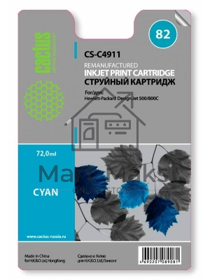 Картридж струйный Cactus CS-C4911 №82 голубой (72 мл) для HP Design Jet 500/800C
