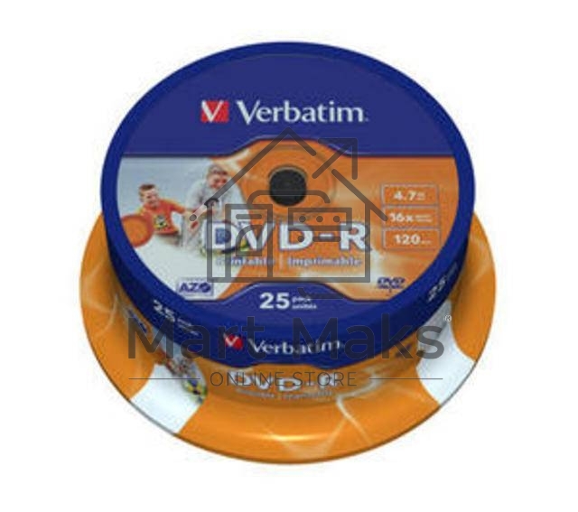 Диск DVD-R Verbatim 4.7Gb 16x Cake Box (25шт) Printable (43538)