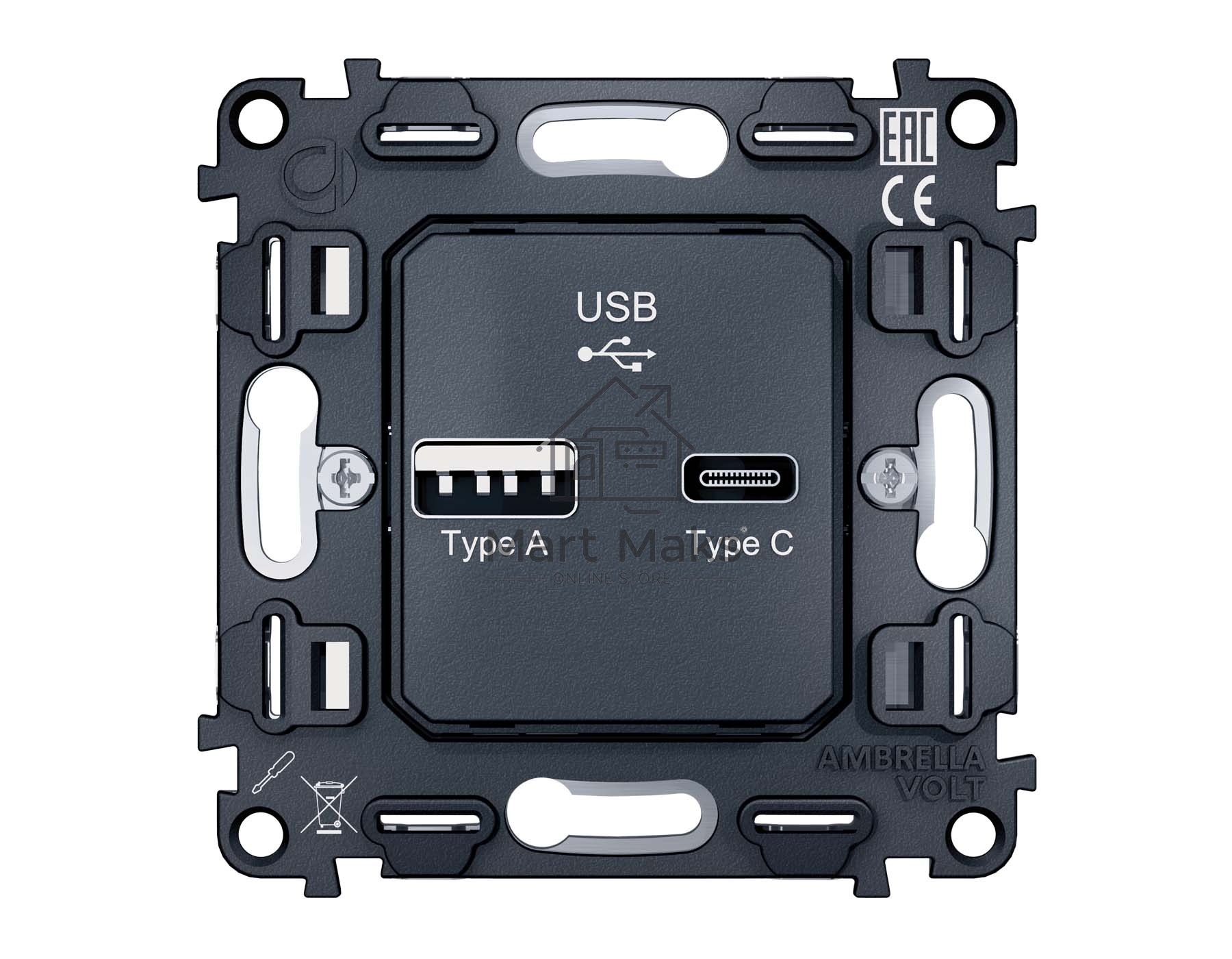 Механизм розетки 2USB A+C 20W (быстрая зарядка) QUANT VM177