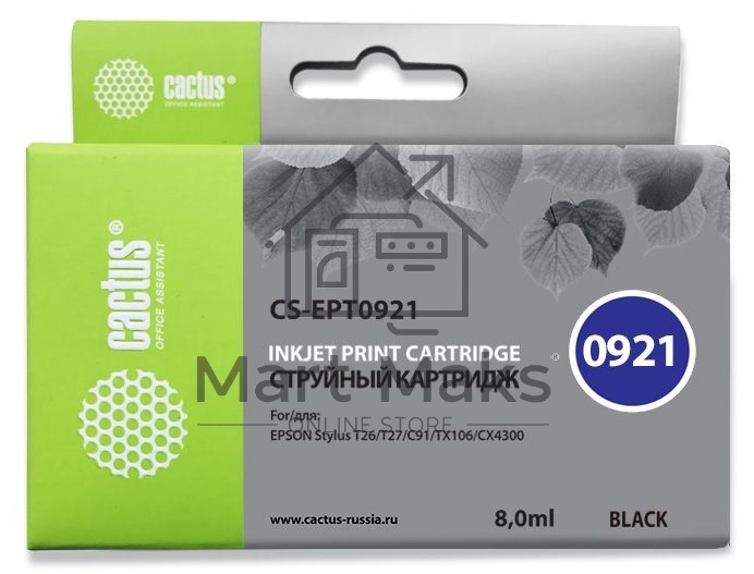 Картридж струйный Cactus CS-EPT0921 (T0921) черный (8 мл) для Epson Stylus C91/CX4300/T26/T27/TX106/TX109/TX117/TX119