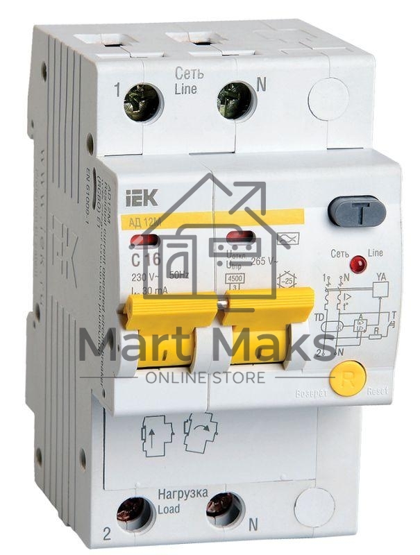 Выключатель автоматический дифференциального тока Iek MAD12-2-016-C-030 АД12М 2Р С16 30мА ИЭК