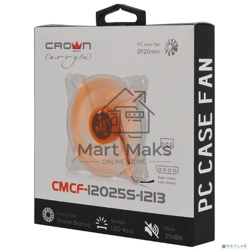 Вентилятор для корпуса Crown CMCF-12025S-1213 прозрачный/оранжевый, 120 мм, 1650 об/мин, 28 дБ, 3 pin