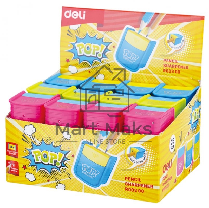 Точилка для карандашей ручная Deli ER00300 PoP, 2 отверстия, пластик, ассорти, дисплей