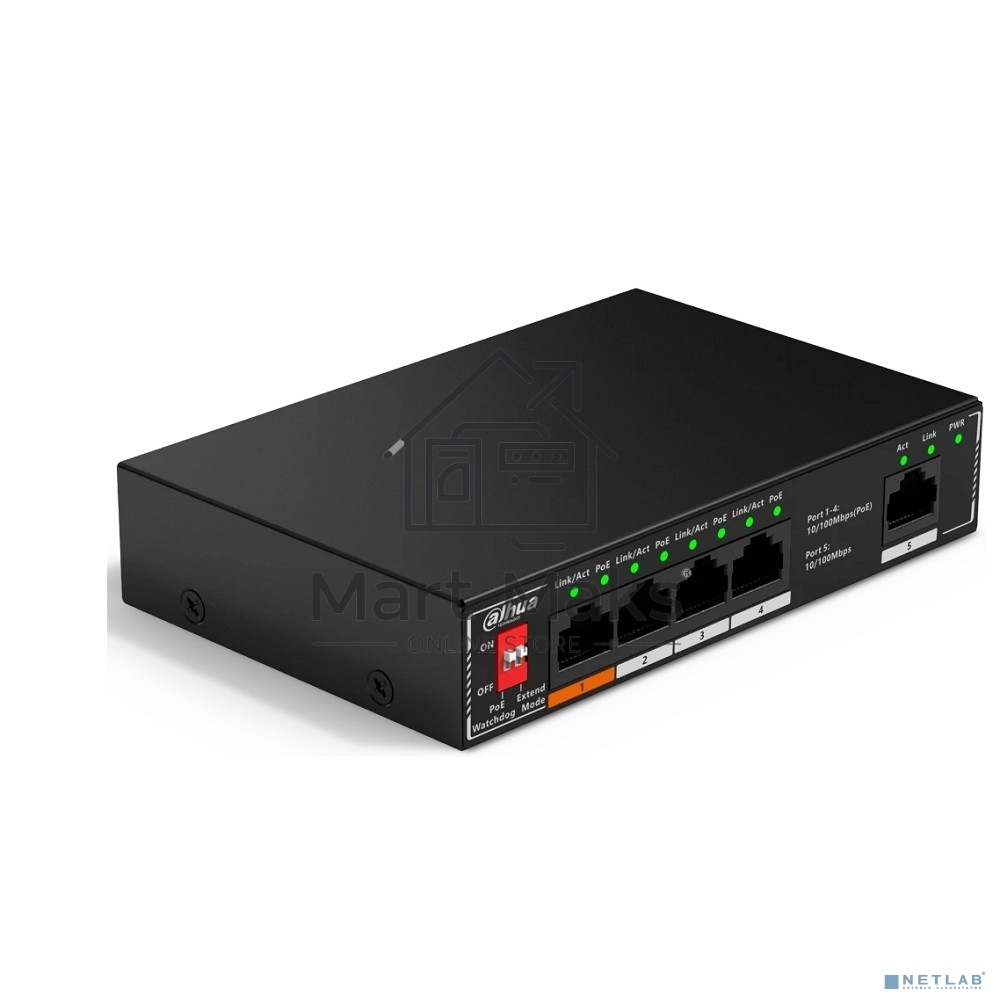 Коммутатор неуправляемый 5-портовый с РоЕ DAHUA DH-SF1005P, 4xRJ45 100Mb PoE, 1xRJ45 100Mb uplink, суммарно 60Вт, коммутация 1.8 Гбит/с, MAC-таблица 2K, металл
