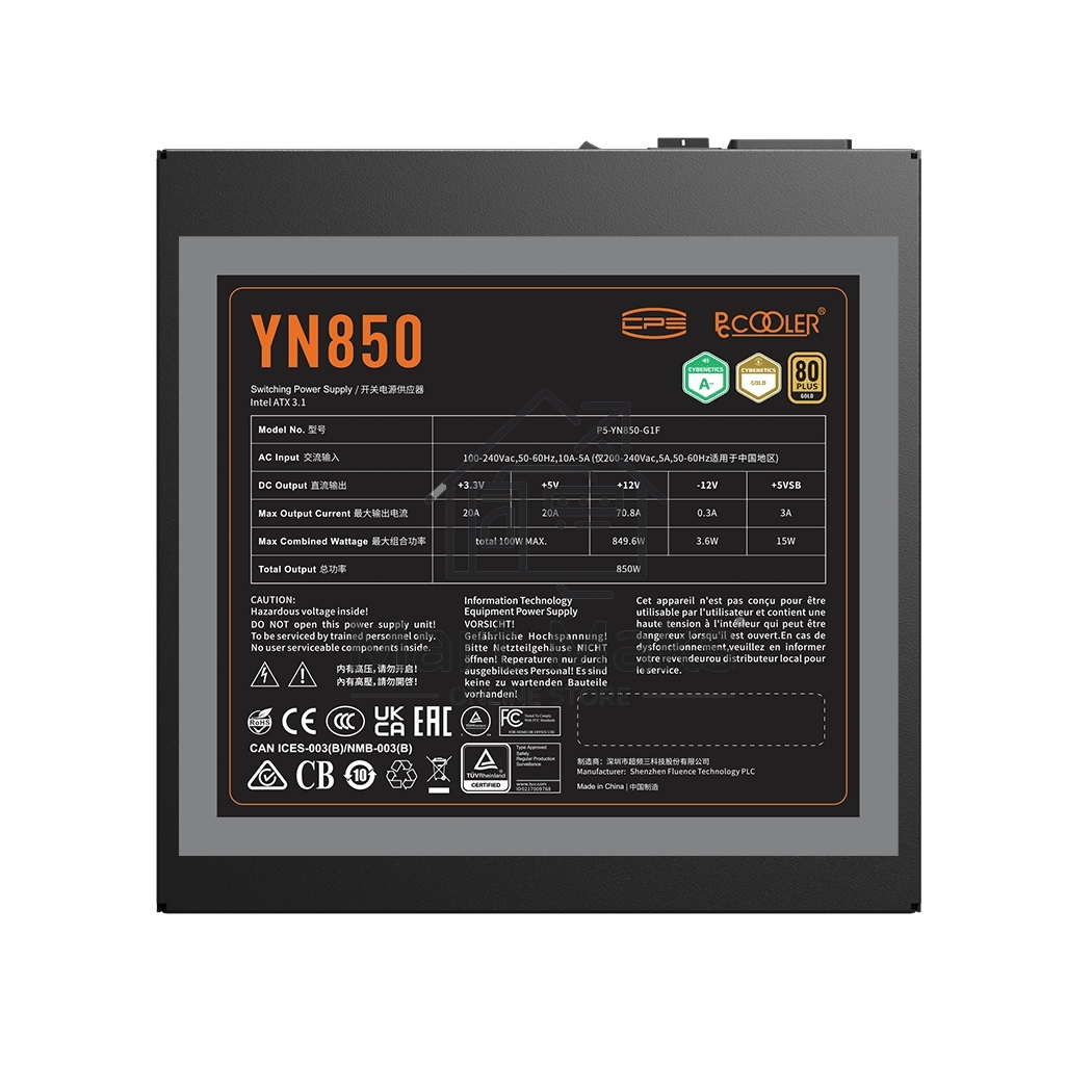 Блок питания PCCOOLER, 850W 80+ Gold (ATX, 3.1, PCIe 5.1 600W, Full modular, 1x24(20+4)pin 550mm, 2xCPU 8(4+4)pin 650mm, 3xPCIe 8(6+2)pin 500mm, 1x12V(2x6) 12+4pin 650mm, 3xSATA*3+MOLEX4pin*1 450+120+120+120mm, Active, 135x135mm, 150x150x86mm, APFC, OVP, 
