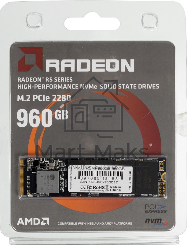 Накопитель SSD AMD Radeon R5MP960G8, 960Gb, M.2 2280, PCIe 3.0 x4, NVMe, R/W 2100/1900