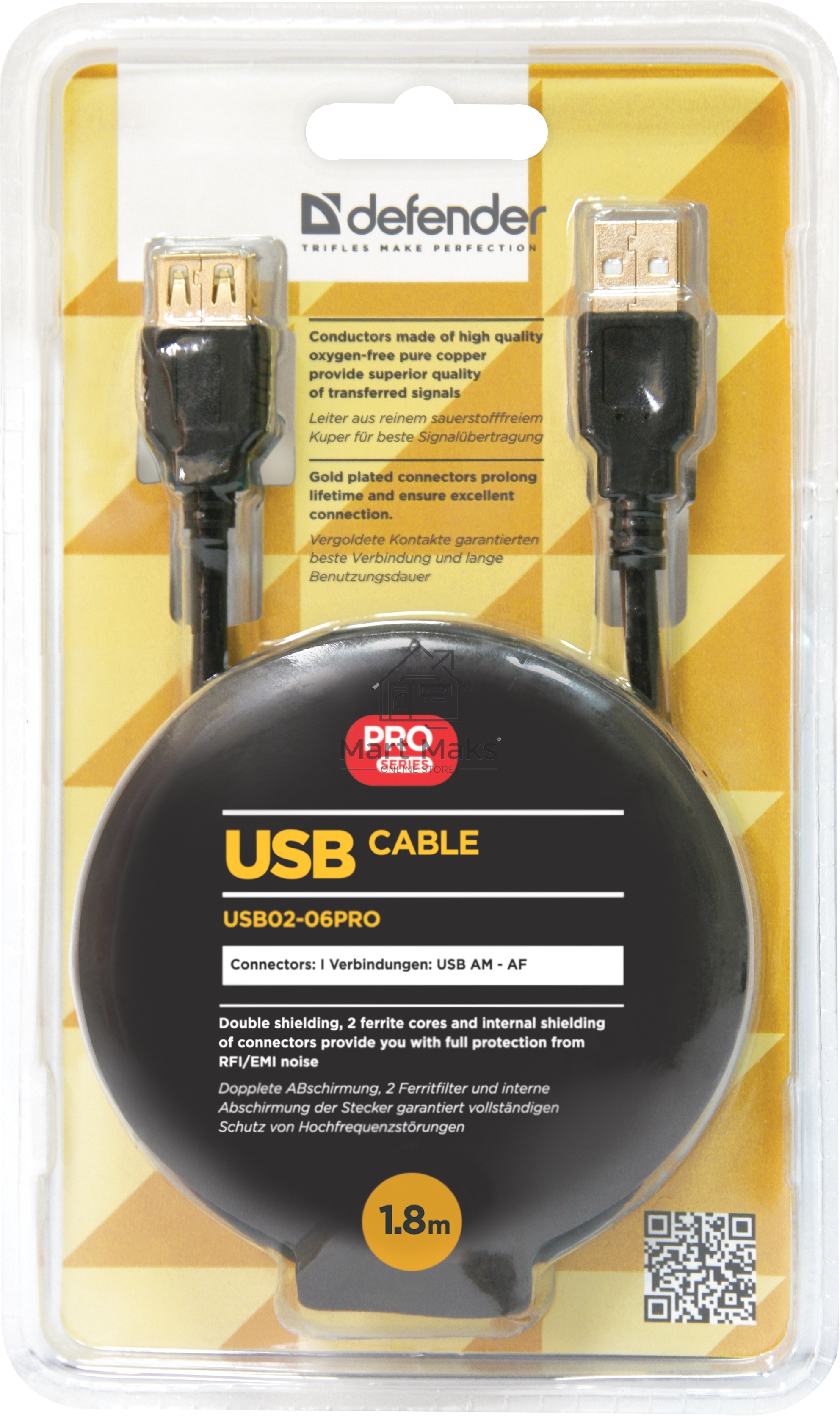 Кабель Defender PRO USB 2.0 кабель удлинительный 1.8м AM/AF, зол.конт, 2фер.фил.