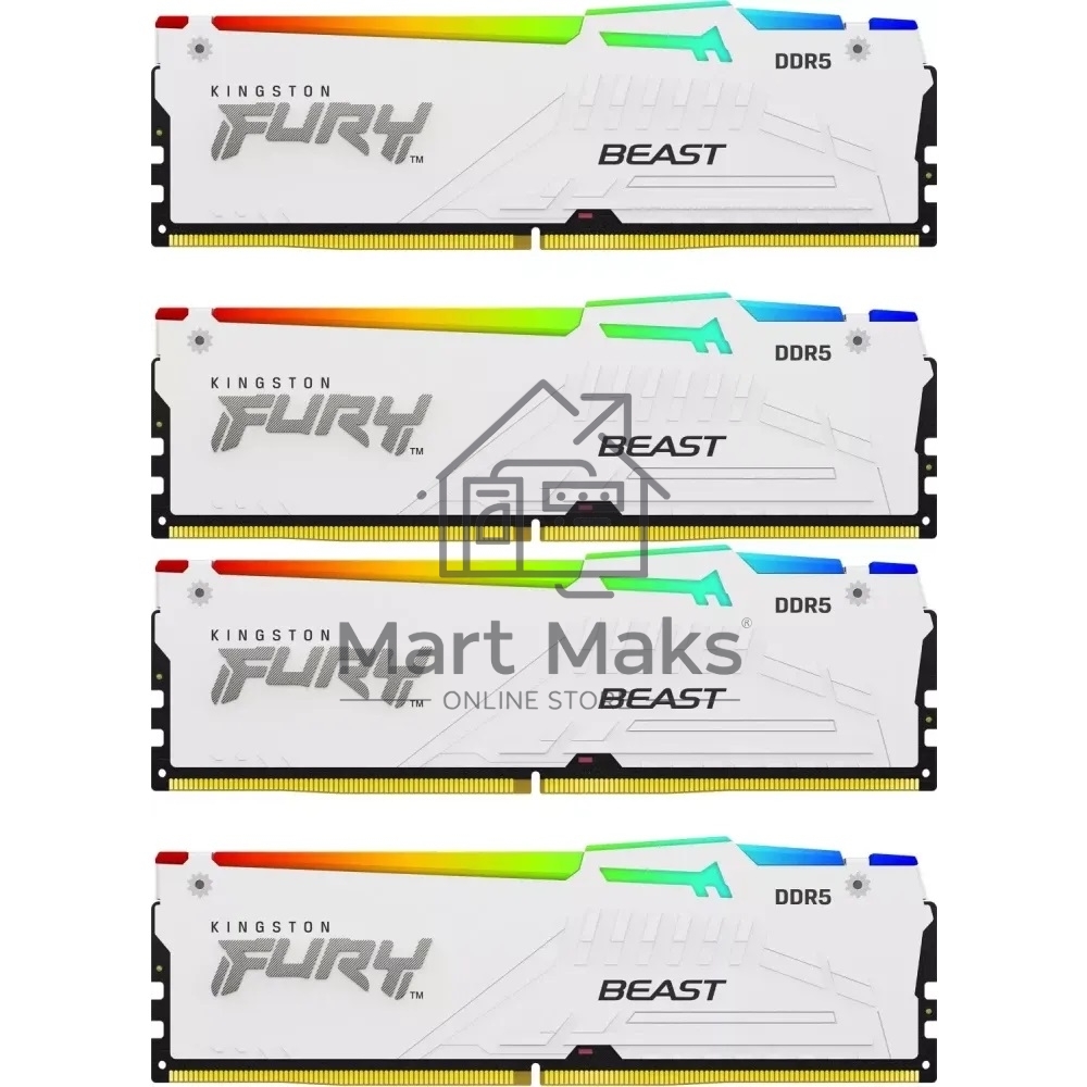 Оперативная память Kingston Fury Beast, DDR5, 64GB (4x16GB), 5200MHz, CL40, DIMM, с радиаторами, RGB, белый