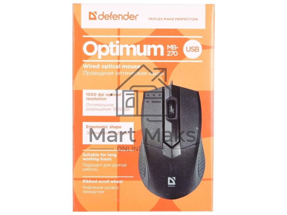 Мышь проводная Defender Optimum MB-270 черный, 1000 dpi, USB, кнопки - 3