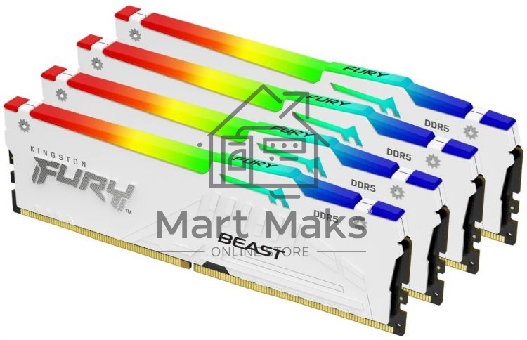 Оперативная память Kingston Fury Beast, DDR5, 64GB (4x16GB), 5200MHz, CL40, DIMM, с радиаторами, RGB, белый