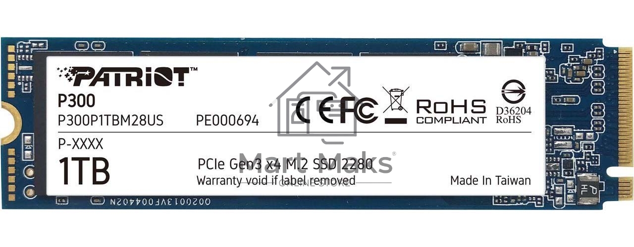 Накопитель SSD Patriot P300, 1000GB, PCIe 3.0 x4, M.2 2280, NVMe, R/W 2100/1650