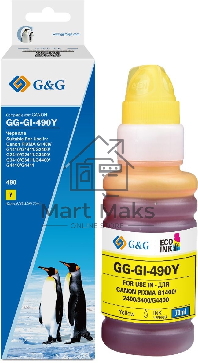 Чернила G&G GG-GI-490Y GI-490 желтый 70мл для Canon Pixma G1400/G2400/G3400/G4400