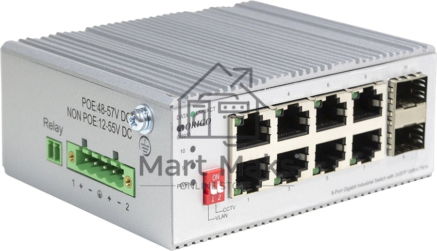 Коммутатор ORIGO Unmanaged Industrial Switch 8x1000Base-T, 2x1000Base-X SFP, Surge 4KV, -40 to 75°C