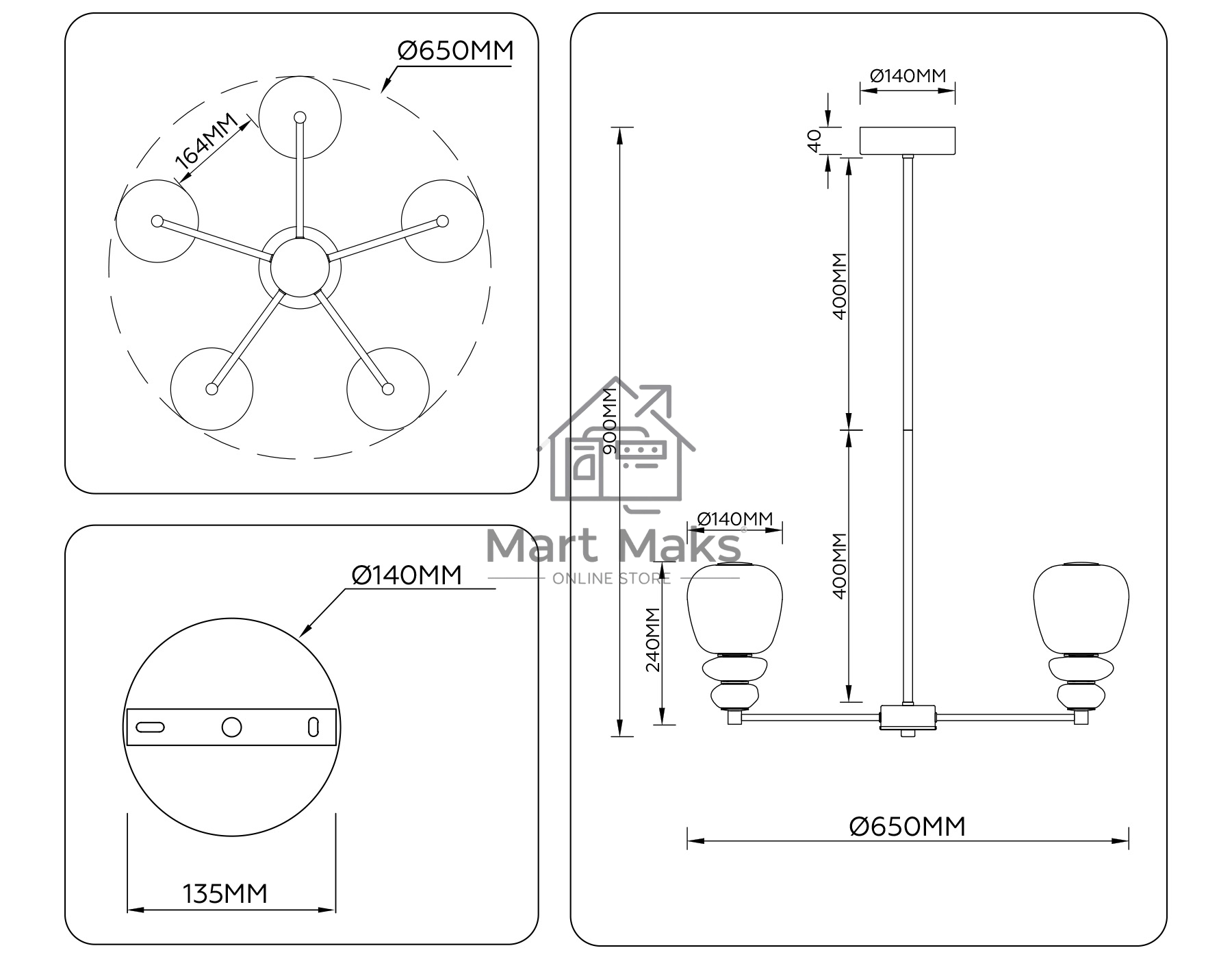Люстра Ambrella light LH53164/5 SB/WH бронза/белый 40W 3000K D650*900