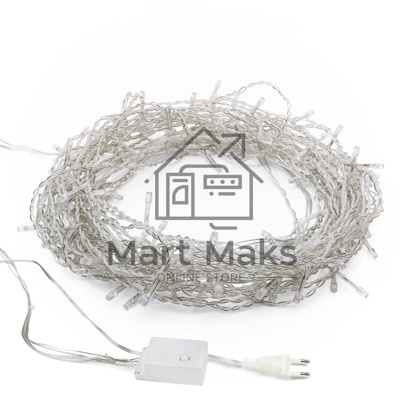 Гирлянда светодиодная универсальная 100 LED БЕЛЫЙ 10 метров, прозрачный ПВХ, с контроллером