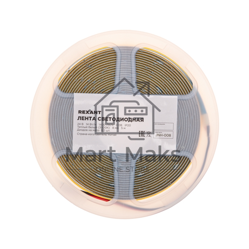 Лента светодиодная 24В, COB 14Вт/м, 512 LED/м, 3000К, 8мм, 5м, IP20 Rexant