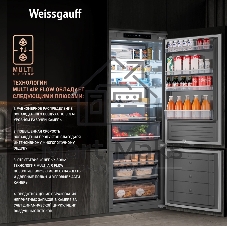 Встраиваемый холодильник Weissgauff WRKI 1970 INV. INOX нержавеющая сталь, 341л, морозилка снизу