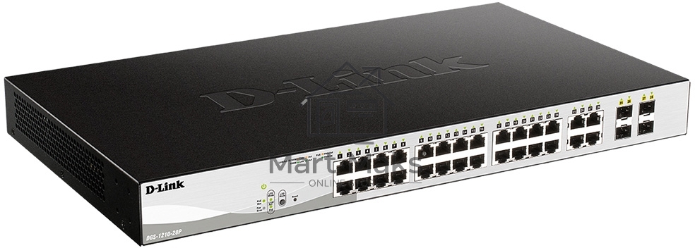 Коммутатор D-Link DGS-1210-28P/FL1A, L2 Managed Switch with 24 10/100/1000Base-T ports and 4 100/1000Base-T/SFP combo-ports (24 PoE ports 802.3af/802.3at (30 W), PoE Budget 193 W).8K Mac address, 802.3x Flow Co