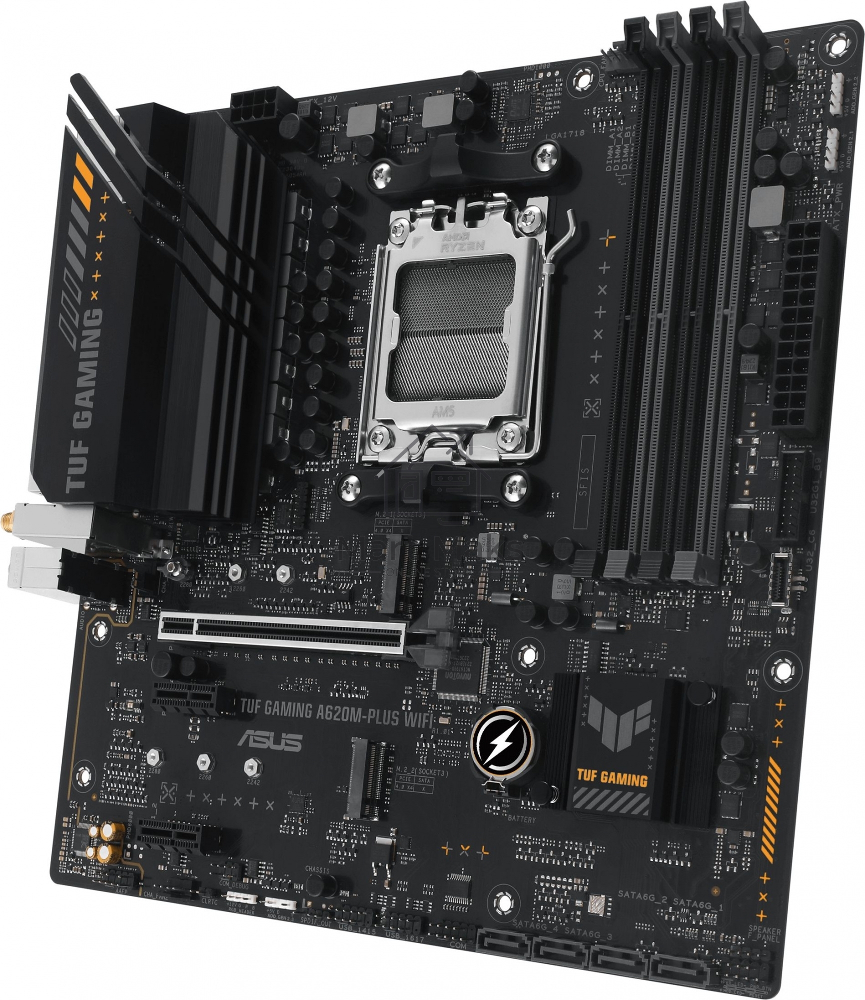 Материнская плата ASUS TUF GAMING A620M-PLUS WIFI, AM5, AMD A620, 4xDDR5, 4xSATA, 2xM.2, 1xPCIe 4.0 x16, 2xPCIe x1, 2xDP, 1xHDMI, 1x 2.5Gb LAN, 4xUSB-A 2.0, 2xUSB-A 3.2 Gen 1, 3x3.5 мм, 7.1, mATX