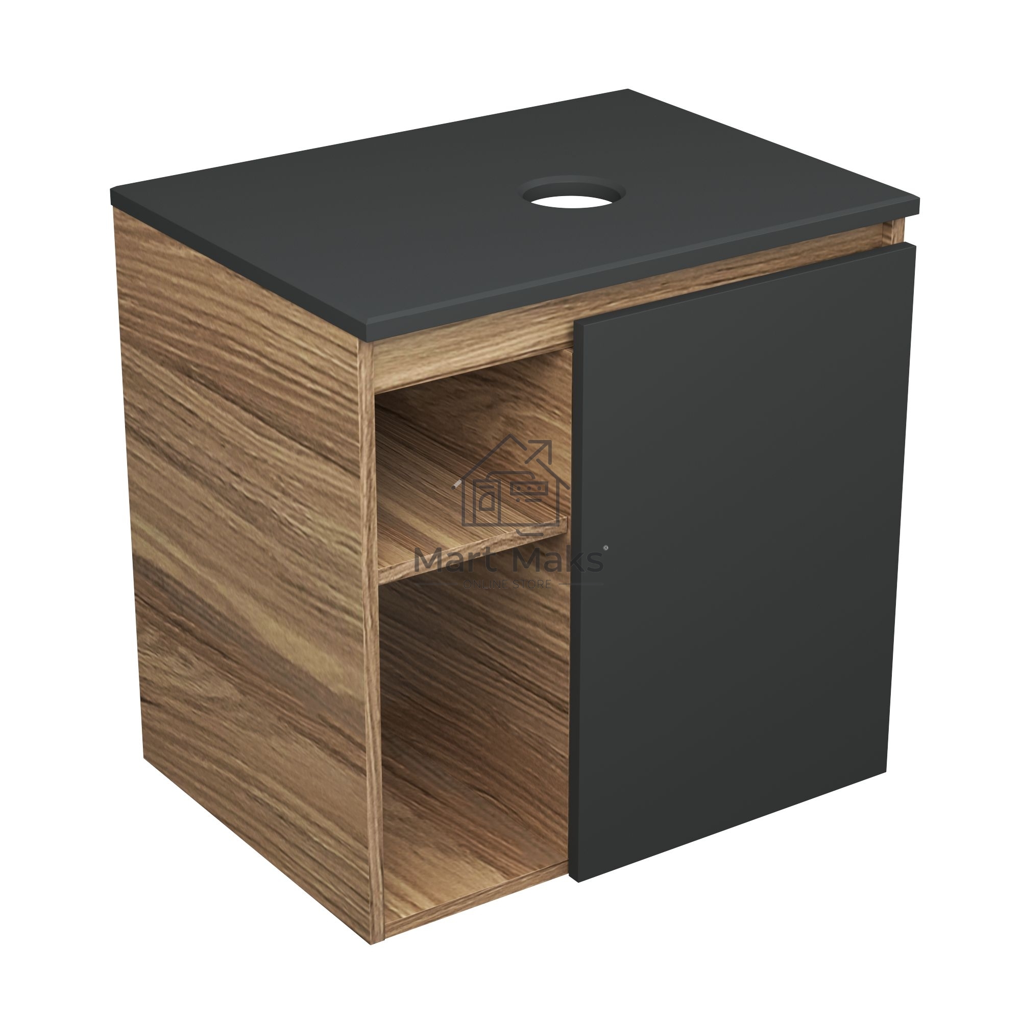 Тумба Bau Dream Blackwood 60 правая, графит, раковина BAU Cerama 48х37 темно-серая матовая, смеситель Hotel Black, черный