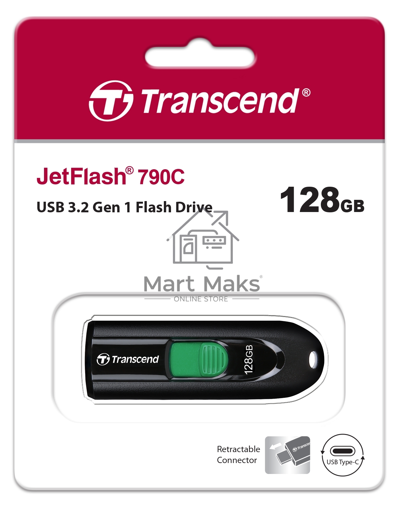 Флешка USB R/W R/W Transcend USB 128GB JETFLASH 790C USB3.2, Type-C, Black