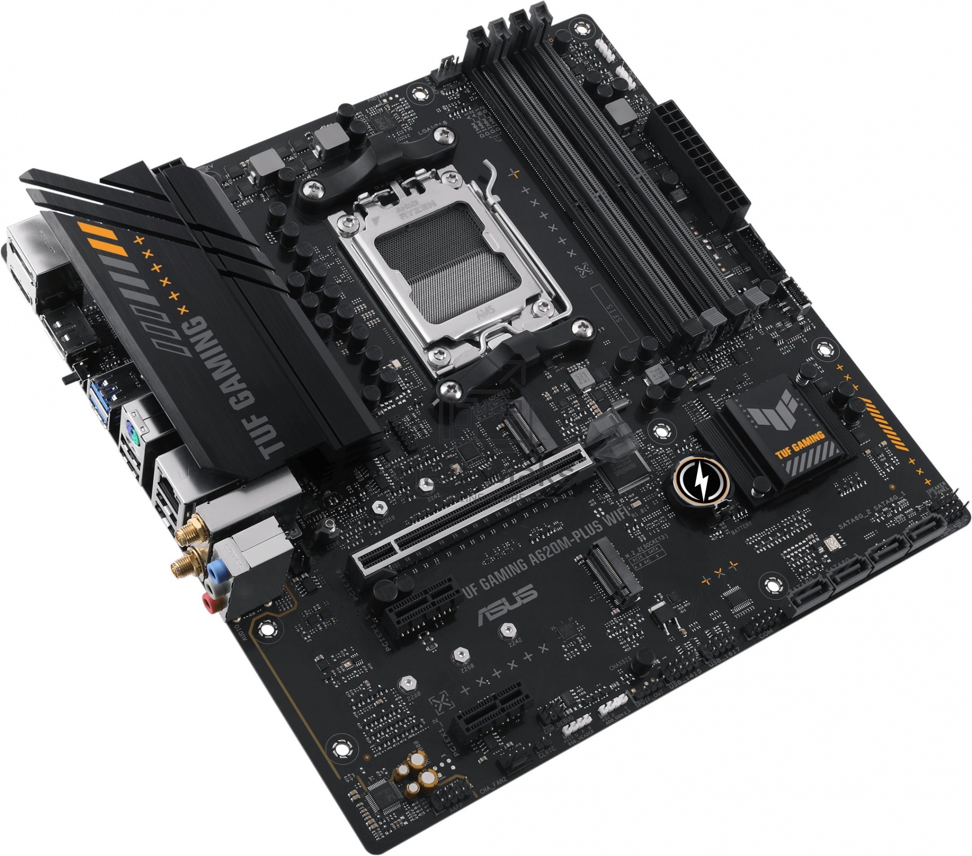 Материнская плата ASUS TUF GAMING A620M-PLUS WIFI, AM5, AMD A620, 4xDDR5, 4xSATA, 2xM.2, 1xPCIe 4.0 x16, 2xPCIe x1, 2xDP, 1xHDMI, 1x 2.5Gb LAN, 4xUSB-A 2.0, 2xUSB-A 3.2 Gen 1, 3x3.5 мм, 7.1, mATX