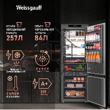 Встраиваемый холодильник Weissgauff WRKI 1970 INV. INOX нержавеющая сталь, 341л, морозилка снизу