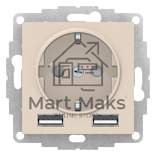 Бежевый Розетка 16А c 2 USB A+A, 5В/2,4А, 2х5В/1,2А, механизм Schneider Electric