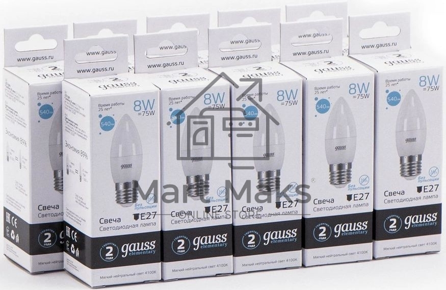 Лампа светодиодная Gauss Elementary 8Вт цок.:E27 свеча 220B 4100K св.свеч.бел.нейт. C37 (упак.:10шт) (33228)