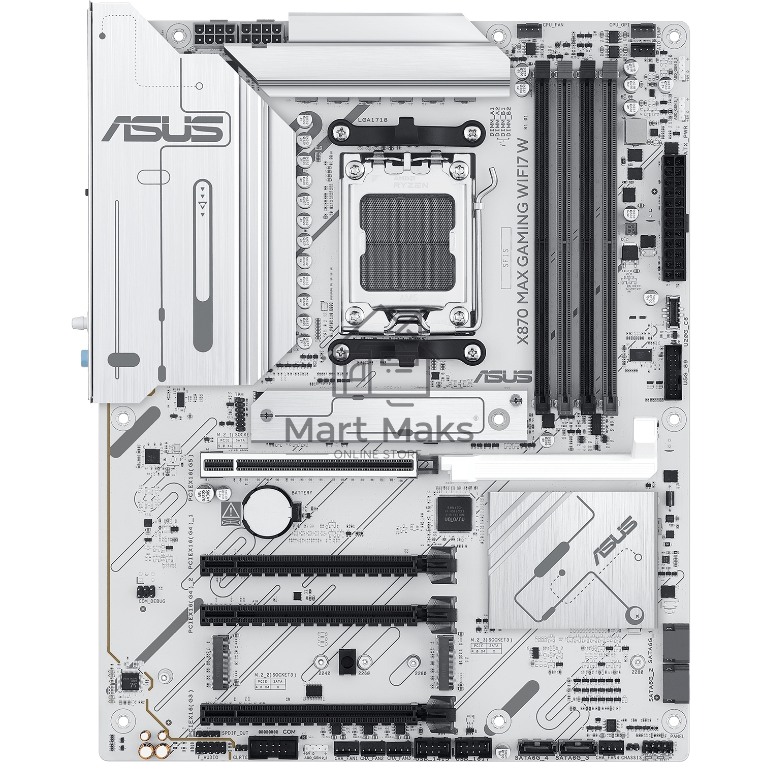Материнская плата ASUS X870 MAX GAMING WIFI7 W, AM5, AMD X870, 4xDDR5, 4xSATA, 3xM.2, 1xPCIe 5.0 x16, 2xPCIe 4.0 x16, 1xPCIe 3.0 x16, 1xHDMI, 2xUSB Type-C (Display), 1x2.5Gb LAN, Wi-Fi 7, Bluetooth 5.4, 2xUSB-C 40Gbps, 1xUSB-A 10Gbps, 3xUSB-A 5Gbps, 4xUSB