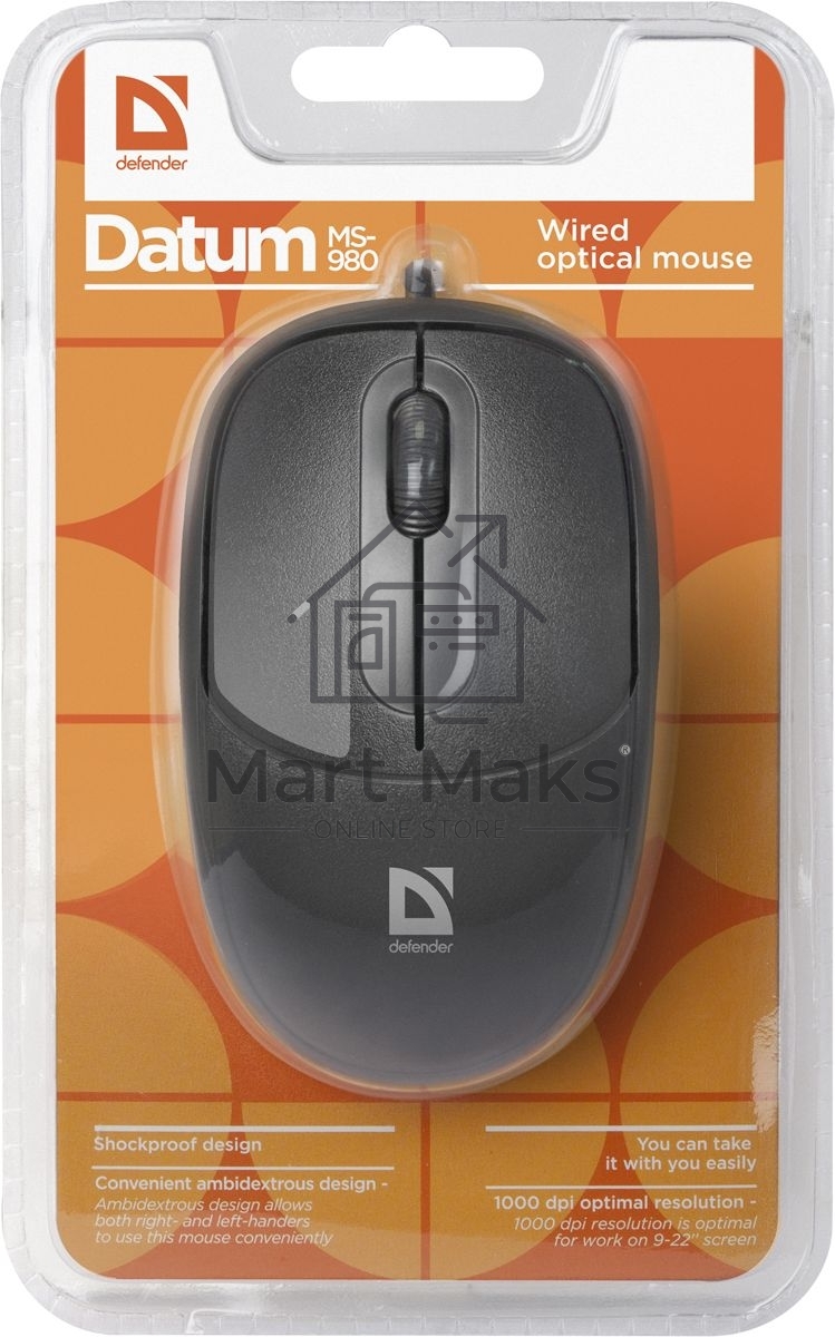 Мышь проводная Defender Datum MS-980 черный, 1000 dpi, USB, кнопки - 3