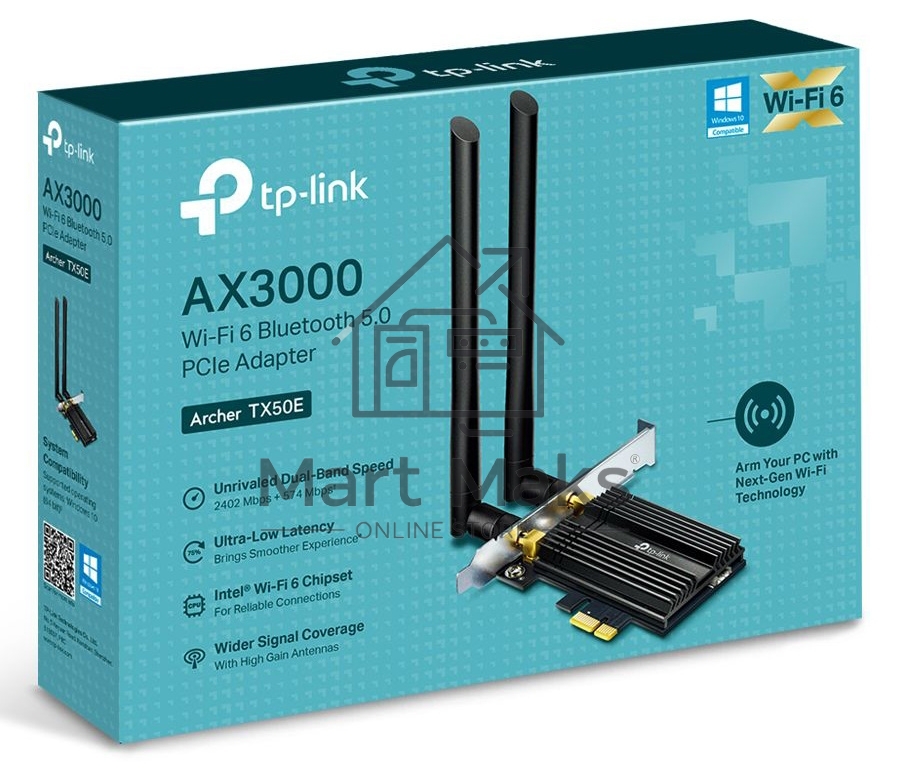 Адаптер 11AX 3000Mbps dual-band PCI-E adapter, 2402Mbps at 5G and 574Mbps at 2.4G, support Bluetooth 5.0, WPA2 encryption, two external Antennas.