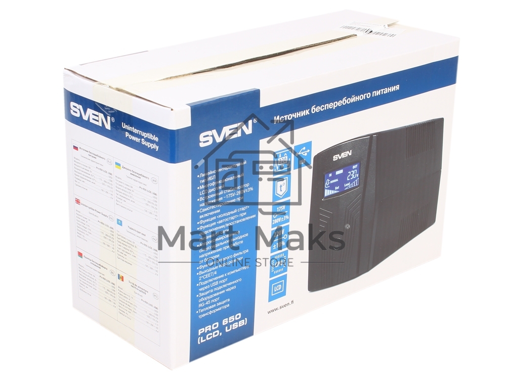 Источник бесперебойного питания SVEN Pro 650 650VA/390W LCD, USB, RJ-45 (2 EURO)