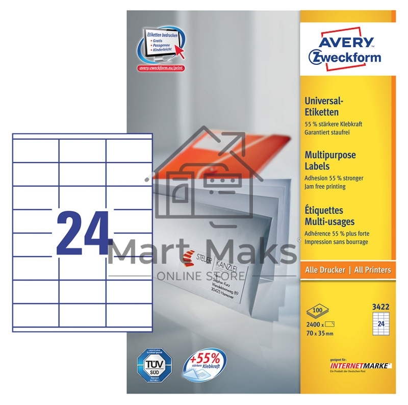 Этикетки самоклеящиеся Avery Zweckform 3422 A4, 70x35 мм, 24 шт, универсальная, 70 г/м2, 100 л, белый