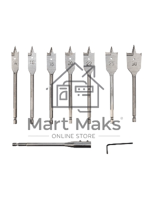 Набор сверл перовых по дереву 9 предметов: 14-16-18-20-22-25-30х152 мм, удлинитель, ключ угловой Kranz