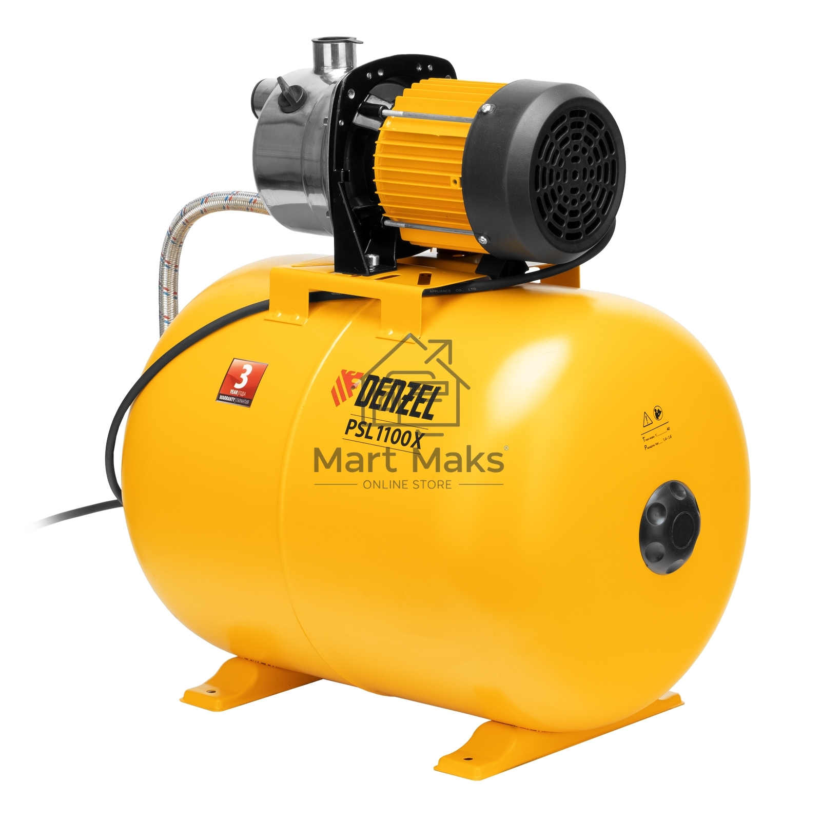 Насосная станция PSL1100X, 1100 Вт, 3600 л/ч, ресивер 50 л, подъем 45 м, нержавейка Denzel
