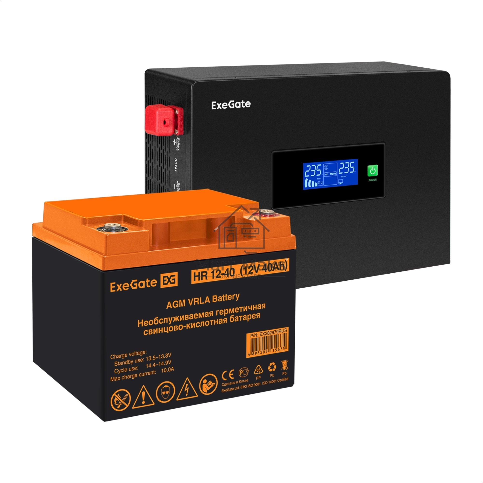Комплект ИБП EX295993RUS + батарея 40Aч EX282979RUS 1шт (инвертор, синус, для котла, PF=1, настенный) ExeGate IdealSine SR-1000.LCD.2SH  <1000VA/1000W, чистая синусоида, цветной LCD-дисплей, 2*Schuko, крепление настенное, Black> + батарея ExeGate HR 12-40