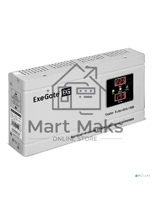 Стабилизатор напряжения ExeGate Master Turbo AVS-1000 (1000ВА, 100-265В, цифр. индикация вход/вых. напряжения, 220В±8%, КПД 98%, 5 уровней защиты, задержка, усиленный метал.корпус, евророзетка, RTL)