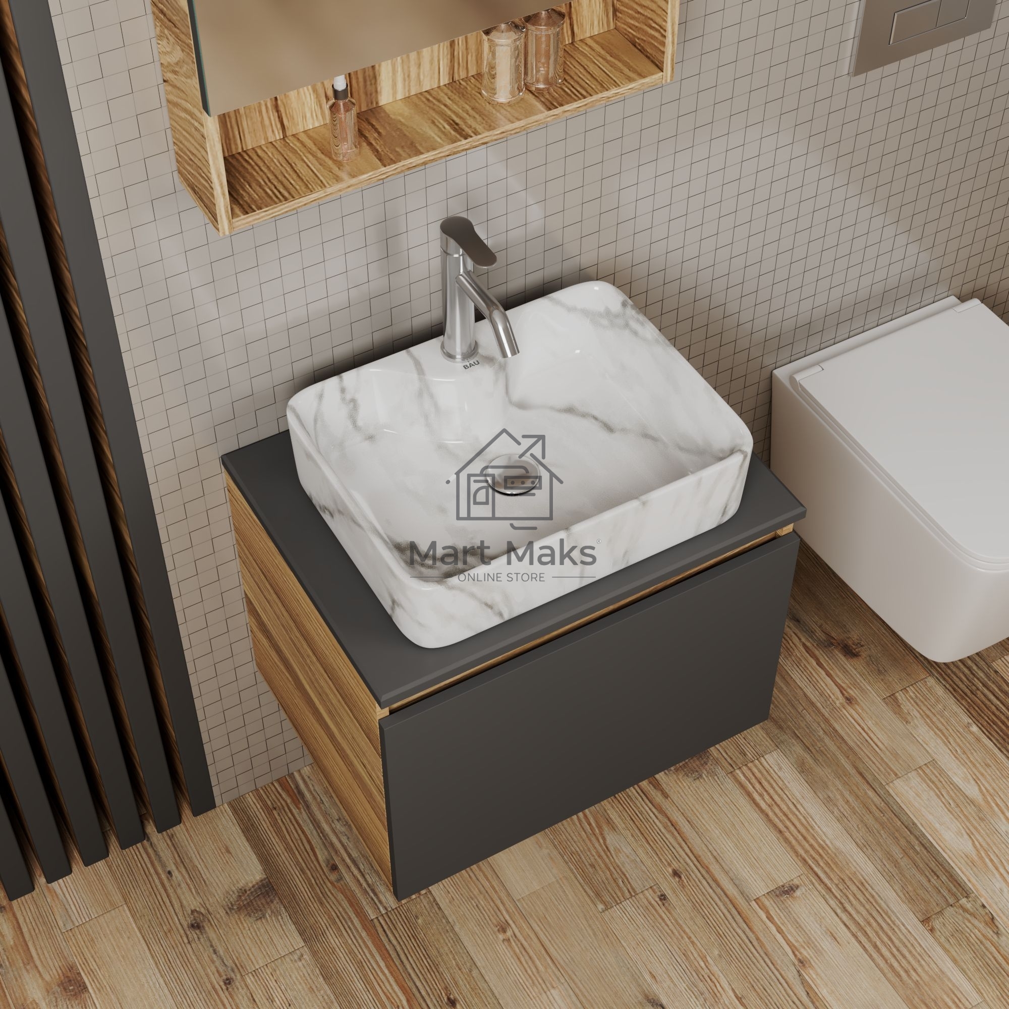 Комплект: тумба Bau Dream Blackwood графит 60, 1 ящик, раковина прямоугольная BAU Cerama 48х37, мрамор, смеситель Hotel Dream, нерж сталь, выпуск клик клак хром