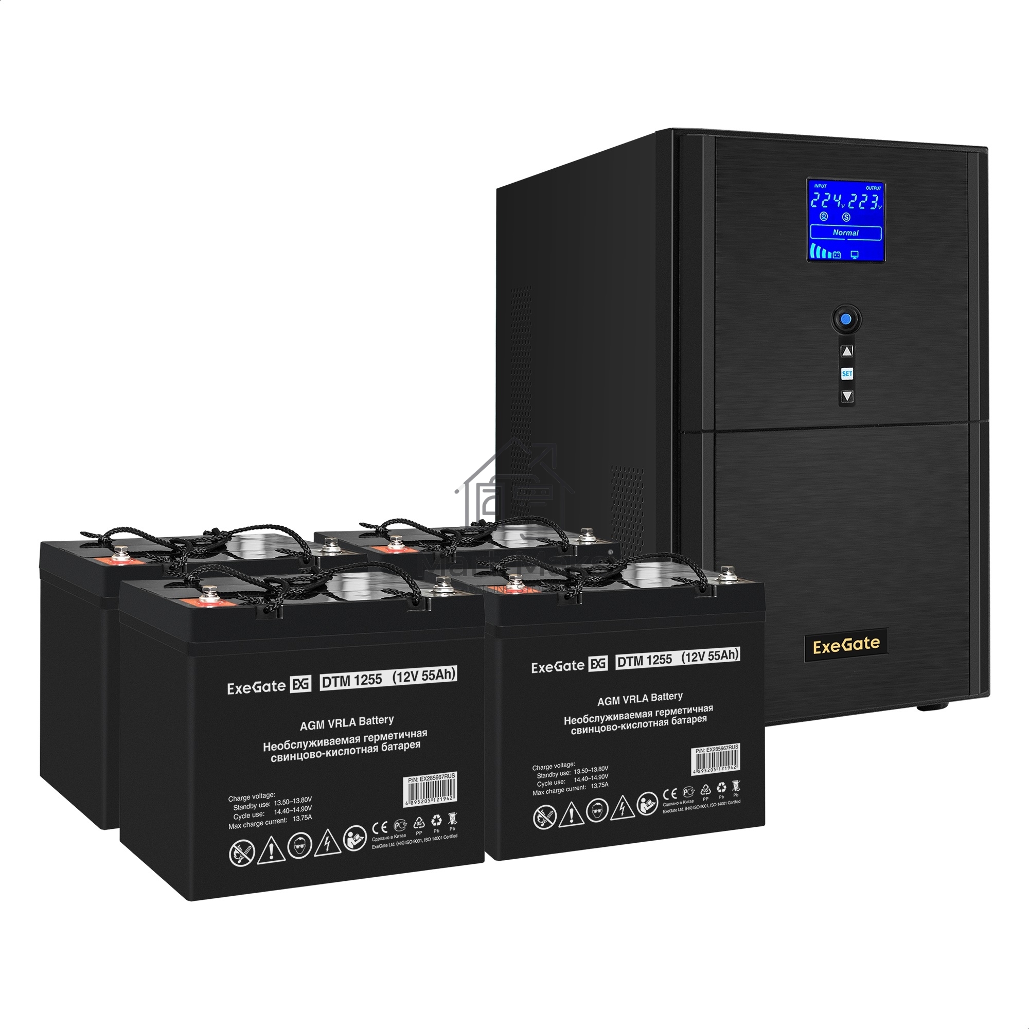 Комплект ИБП EX295991RUS + батарея 55Aч EX285667RUS 4шт (инвертор, синус, для котла) ExeGate SineTower SZ-5000.LCD.AVR.2SH.1C13.T.RJ.USB <5000VA/4000W, чистый синусоида, LCD дисплей, AVR, 2*Schuko+1*C13+клеммы, RJ45/11, USB, линейно-интерактивный, Black> 